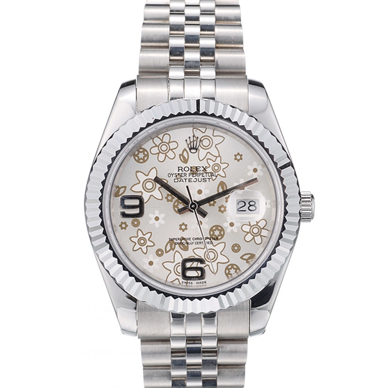 Aaa replica Rolex Dial Silver DateJust Swiss Bezel Steel Ribbed Flower 42001 Stainless 0803